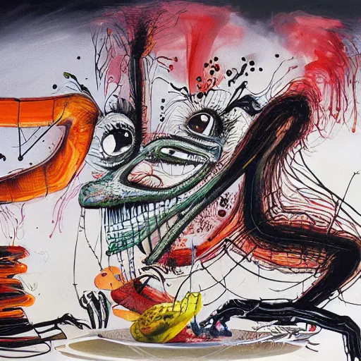 Prompt: a detailed painting titled taste the steel by gerald scarfe and ralph steadman