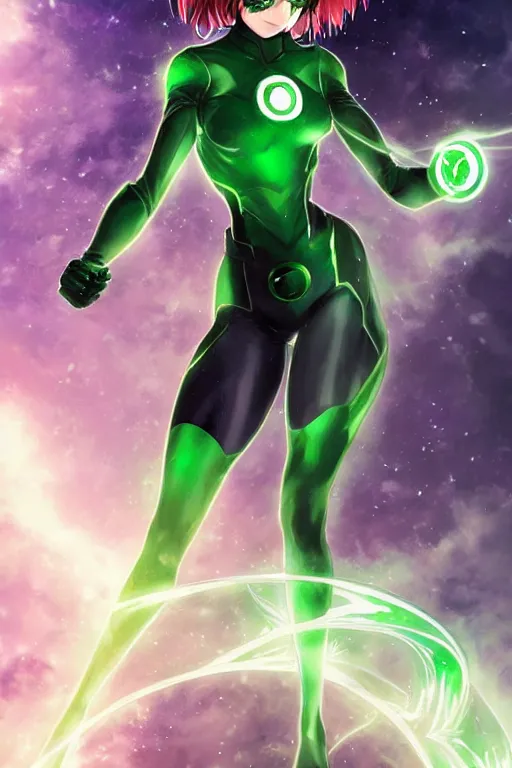 Image similar to anime key visual of a beautiful young female green lantern!! intricate, green and black suit, glowing, powers, dc comics, cinematic, stunning, highly detailed, digital painting, artstation, smooth, hard focus, illustration, art by artgerm and greg rutkowski and alphonse mucha