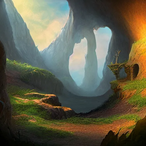 Image similar to beautiful matte painting of a fantasy cave entrance