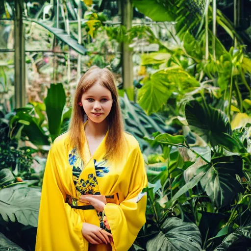 Prompt: photo portrait of the face of a young russian woman wearing a yellow kimono in a tropical greenhouse