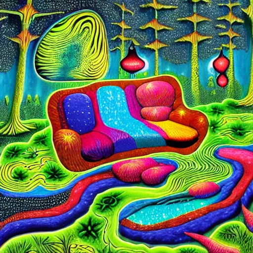 Image similar to psychedelic couch sofa in the lush forest, guitar, milky way, designed by moebius, rob gonsalves, gustav dore, giuseppe arcimboldo and carl barks, louis wain, trending on artstation, canada, star, sharp focus, colorful refracted sparkles and lines, soft light, 8 k 4 k