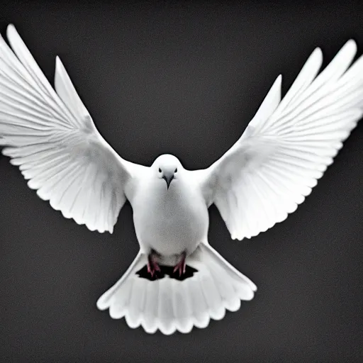 Image similar to a realistic photo of a white dove on a solid black background, high contrast, 8k, film grain, highly detailed