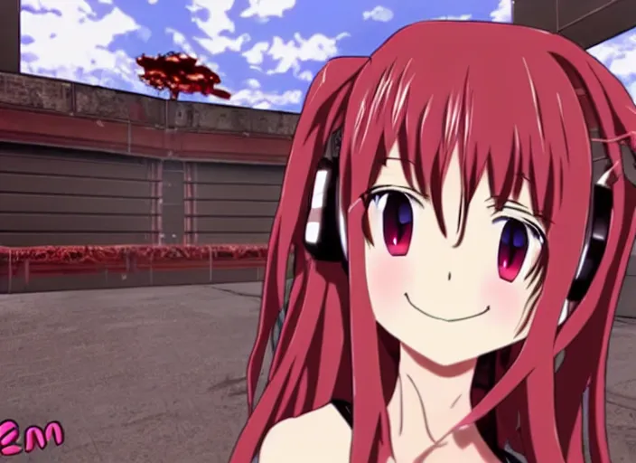 Image similar to an anime girl in a screenshot of the video game doom, the anime girl is smiling