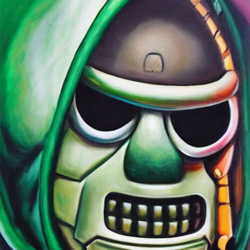 Prompt: beautiful lifelike painting of mf doom knowing what time it is like its time for teletubbies, hyperreal detailed facial features and uv lighting, art by ed roth and basil wolverton