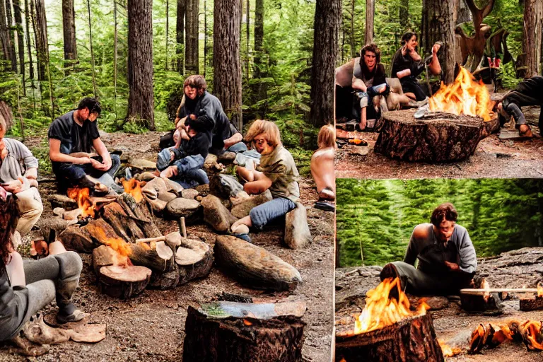 Image similar to sigma 8 5 mm, photo, neanderthal people eating sushi, surrounded by dinosaurs!, gigantic forest trees, sitting on rocks, bonfire, close up camera on bonfire level