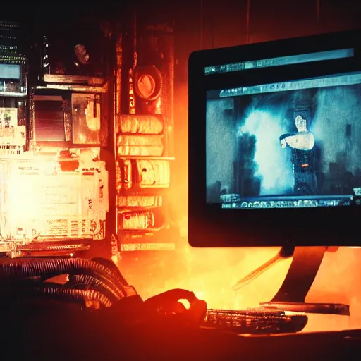 Prompt: augmented human repairing old imac, dark messy smoke - filled cluttered workshop, dark, dramatic lighting, orange tint, cinematic, highly detailed, sci - fi, futuristic, movie still from blade runner