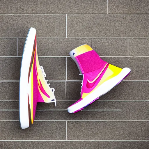 Image similar to Nike causal shoe inspired by school books. Sigma 85mm f/8, high detail, bright color scheme,