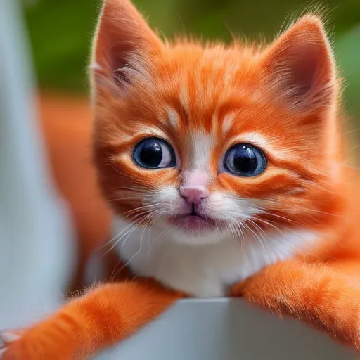 Image similar to orange kitten big eyes a lot of fur cute highly detailed high - quality photo realistic 8 k