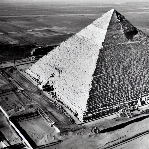 Image similar to an aerial photograph of the great pyramid of giza at the early stages of construction with heavy scaffolding in place, the top of the pyramid has not been built and is not visible, dslr