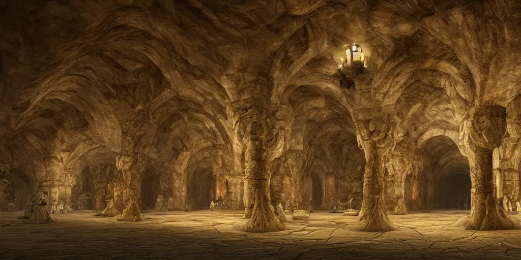 Prompt: The Great Hall of Moria underground city by John Howe, symmetrical, even spacing, gigantic pillars, sconces, intricate details, intricate stone carvings, Tolkien, unreal engine, octane render, trending on cgsociety, trending on artstation, epic, grandiose, awe inspiring, dwarven architecture, inlaid with gold