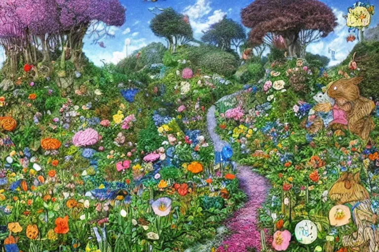 Image similar to outrageous flower garden next to a lush forest on a hill with tiny paths weaving everywhere and littl signposts marking the directions along the way, epic, beautiful light, highly detailed by beatrix potter, brian froud, amy brown, lisa frank