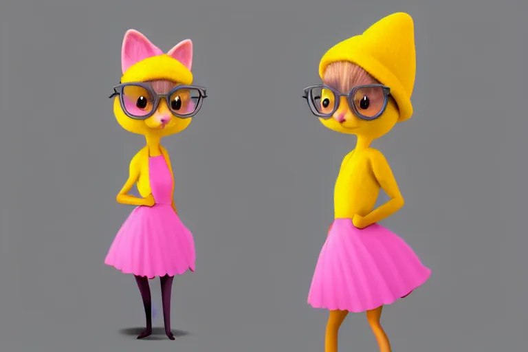 Prompt: detailed flat 2 d : female marten character : wearing jewlery : wearing a pink dress : wearing yellow hat : head torso legs feet : lorax movie : artstation