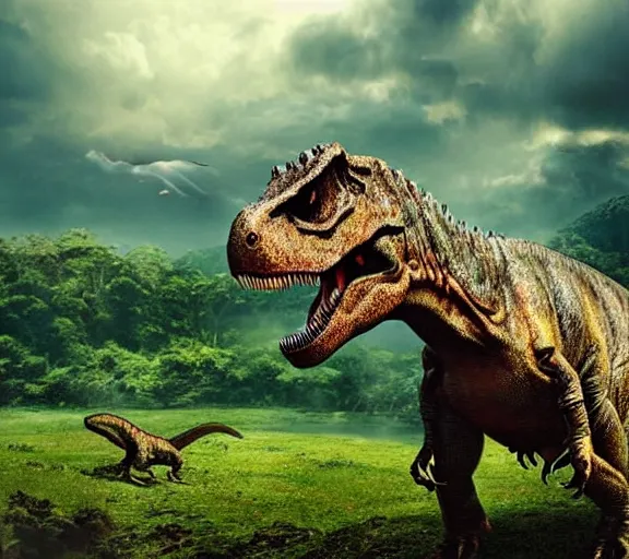 Prompt: jurassic world movie scene of tyrannosaurus rex, ultra realistic, rocky terrain, sun, cloudy sky, jungle, uncropped full body shot, pinterest