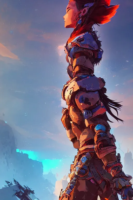 Image similar to combination suit armor aloy horizon forbidden west horizon zero dawn radiating a glowing aura global illumination ray tracing hdr fanart arstation by ian pesty and alena aenami artworks in 4 k tribal robot ninja mask helmet backpack