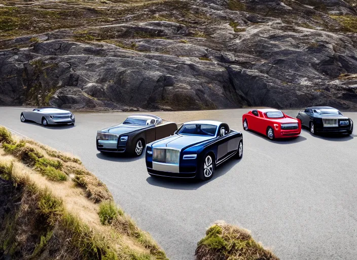 Prompt: hyper realistic ultra realistic photograph of a rolls royce fleet driving off a cliff, wide angle, highly detailed, 8k photograph