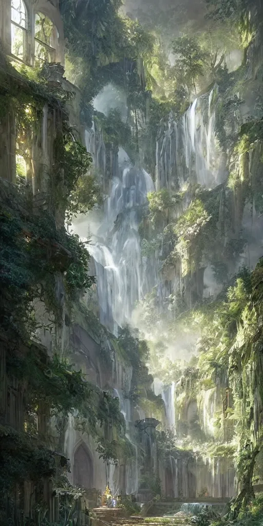 Prompt: detailed interior of the monastery ruins, waterfall walls, lush vegetation, light shafts, the glowing throne, stunning atmosphere, by greg rutkowski, style of peter mohrbacher, nature by asher brown durand