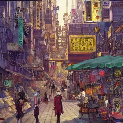 Prompt: art deco streets of the Undying Empire city of ya-Sattra during the Festival of Masks, award-winning realistic painting of cyberpunk Byzantine Hong Kong by Beszinski, Bruegel, and Yoshitaka Amano