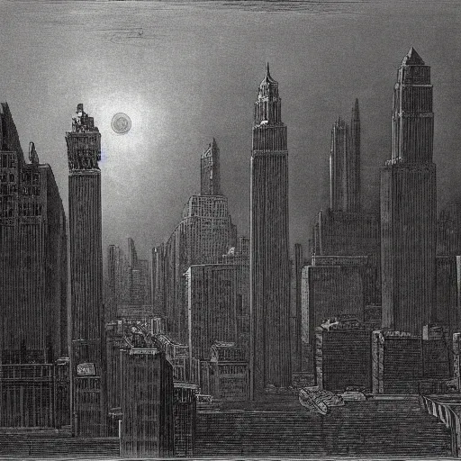 Image similar to New york city, by gustave dore and william blake