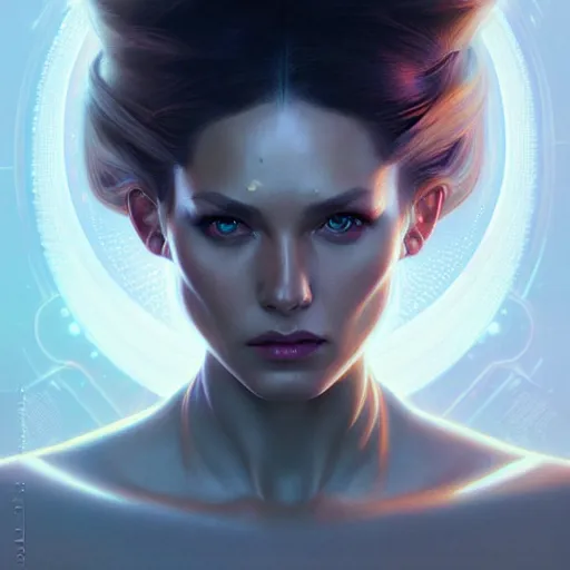 Image similar to futuristic woman portrait, sci-fi, amber eyes, face, long hair, fantasy, intricate, elegant, highly detailed, digital painting, artstation, concept art, smooth, sharp focus, illustration, art by artgerm and greg rutkowski and alphonse mucha