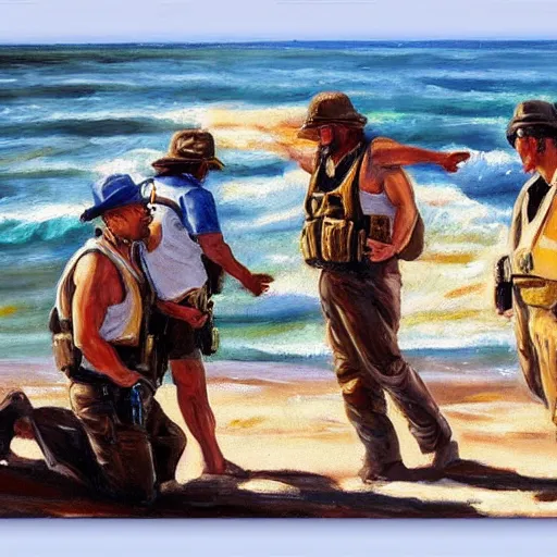 Image similar to dea arresting drug dealers on a beach, oil painting, very detailed, 4 k