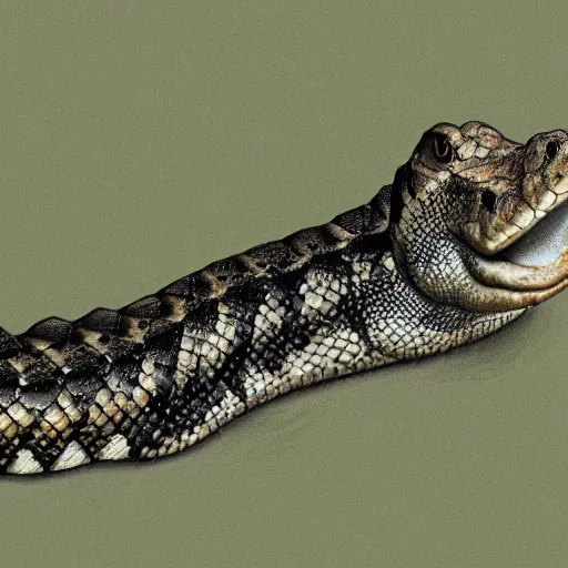 Image similar to rattlesnake and crocodile morphed together, half crocodile half rattlesnake, hyperrealism