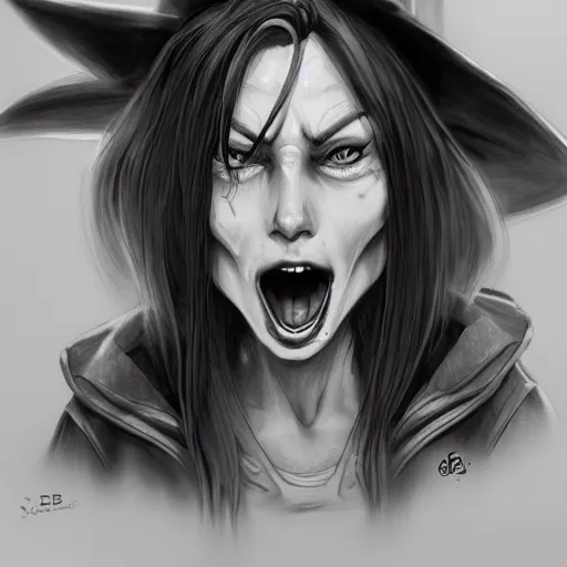 Image similar to detailed drawing of a pissed off witch by serge birault