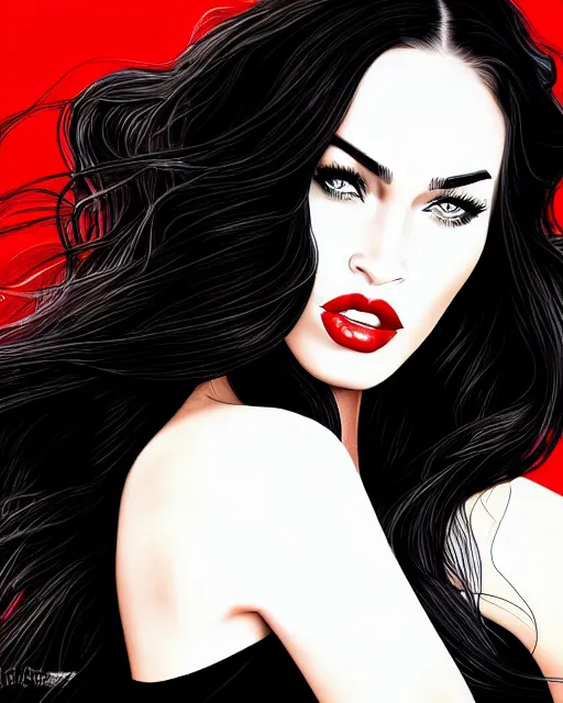 Prompt: closeup portrait beautiful seductive megan fox with long windblown hair in a black party dress in standing on a street in chinatown, red lipstick, glamour pose, detailed illustration, digital art, trending on artstation, arney freytag, frank miller, moebius, graffiti, gta v,