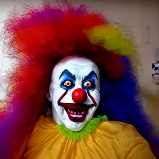 Image similar to hidden camera footage of terrifying clown in a bedroom