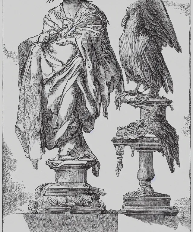Prompt: raven sitting on a female marble bust on a white background, art by james o barr and albrecht durer and piranesi, woodblock print, engraved, black and white, vector, vector art
