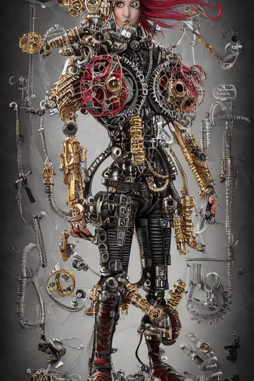 Prompt: full body portrait of a steampunk sci-fi cyborg pirate bionic man, third person, D&D, sci-fi fantasy, cogs and springs and jewels, intricate, gold with black and red fringe highlights, highly detailed, art by Range Murata, highly detailed, 3d, octane render, bright colors, digital painting, trending on artstation, sharp focus, illustration style of Stanley Artgerm, dramatic background in a cinematic style