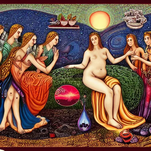 Image similar to by emek golan casual. the computer art shows venus seated on a crescent moon. she is surrounded by the goddesses ceres & bacchus, who are both holding cornucopias.