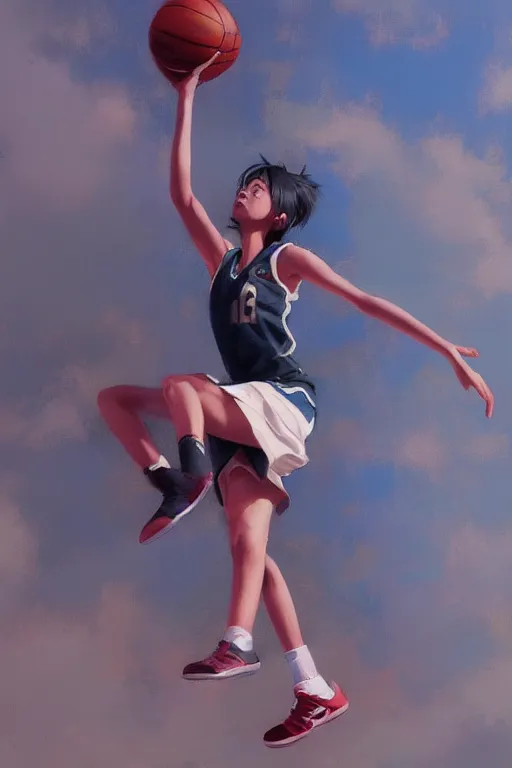 Image similar to A ultradetailed beautiful panting of a stylish girl dunking a basketball, Oil painting, by Ilya Kuvshinov, Greg Rutkowski and Makoto Shinkai