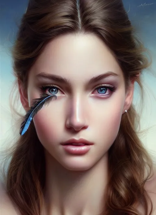 Image similar to a gorgeous female photo, professionally retouched, award winning, hyperdetailed, photorealism, soft lighting, feather hair, realistic, smooth face, perfect eyes, wide angle, sharp focus on eyes, 8 k high definition, insanely detailed, intricate, elegant, art by artgerm and greg rutkowski and j scott campbell