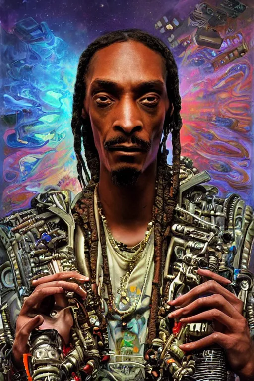 Image similar to a fisheye lens photo of a post apocalyptic tribal cyborg snoop dogg tweaking and playing synthesizers in the most complicated and technical spiral fractal musical studio, powerful, cinematic, beautifully lit, by donato giancola, by artgerm, by karol bak, 3 d, perfect face and body, trending on artstation, octane render, 8 k