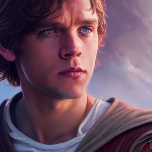 Image similar to a portrait of young luke skywalker cinematic lighting, photorealistic, octane render, 8 k, depth of field, 3 d, art by artgerm and greg rutkowski and alphonse mucha and uang guangjian and gil elvgren and sachin ten