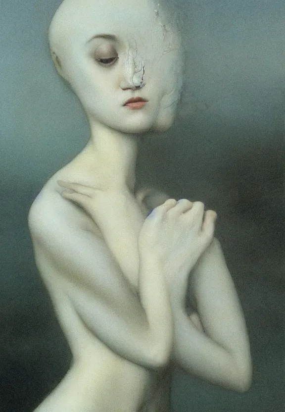 Image similar to young female with pale white skin and short black hairs, by Beksinski