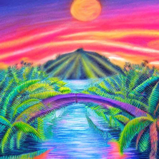 Prompt: sunset tropical forest, sparkling spirits, detailed wide shot, crayon, ground detailed, wet eyes reflecting into eyes reflecting into infinity, beautiful lighting