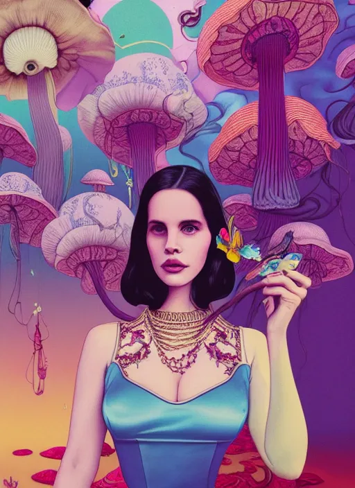 Image similar to pretty lana del rey with hallucination mushroom : : by martine johanna and simon stalenhag and chie yoshii and casey weldon and wlop : : ornate, dynamic, particulate, rich colors, intricate, elegant, highly detailed, vogue, harper's bazaar art, fashion magazine, smooth, sharp focus, 8 k, octane render,