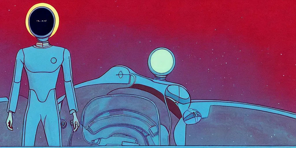 Prompt: a symmetrical portrait of lonely single Alain Delon alone pilot in posing in spaceship station planet captain bridge outer worlds extraterrestrial hyper contrast well drawn in FANTASTIC PLANET La planète sauvage animation by René Laloux