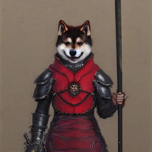 Image similar to anthropomorphic shiba inu, berserk anime : the berserker armor and the dragon slayer sword, red black aura, fantasy, dark, portrait art by donato giancola and greg rutkowski, realistic face, digital art, trending on artstation, symmetry