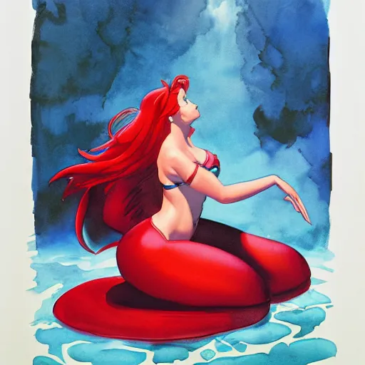 Prompt: black and red watercolor painting of little mermaid from disney by alex ross