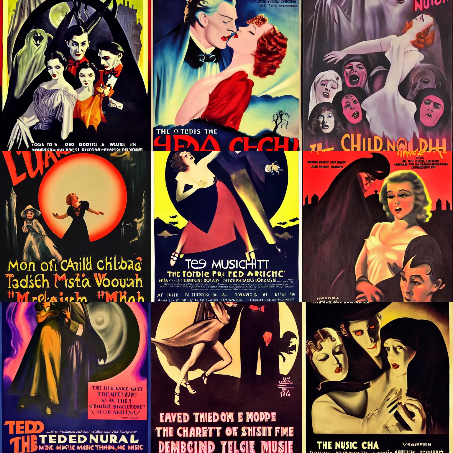 Prompt: the children of the night, what music they make, 1933 movie by ted browning, filmposter, dracula,