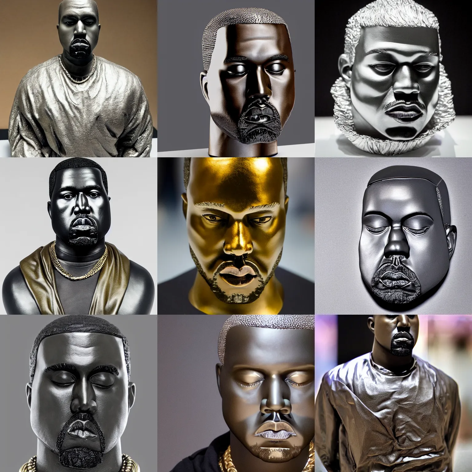 Prompt: a kanye west scultpure made out of aluminum foil, product display photograph