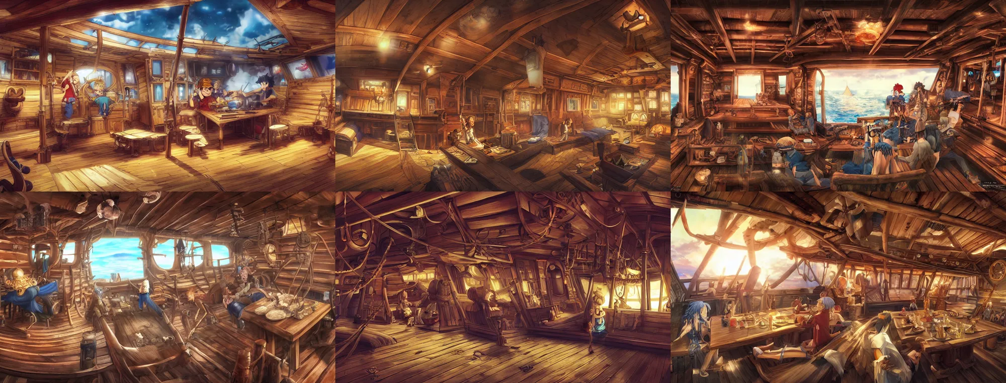 Prompt: hyperrealistic panorama inside a wooden pirate ship cabin, One Piece anime movie key visual, award-winning digital art by Eiichiro Oda on Pixiv, trending on Artstation