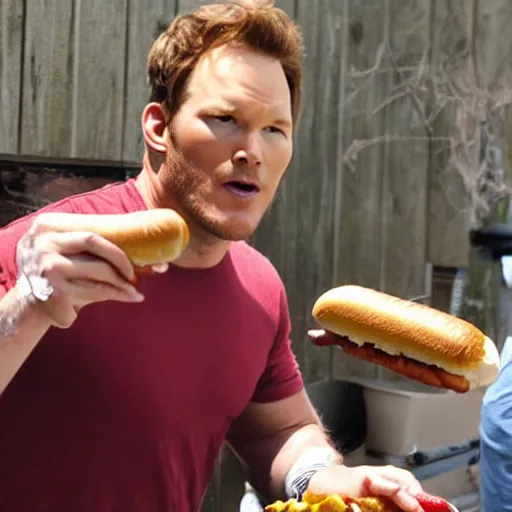 Image similar to Chris Pratt eating a hot dog