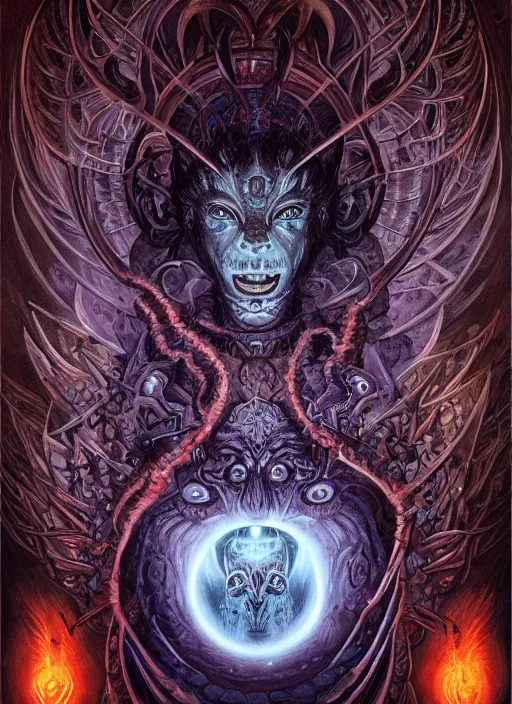 Image similar to occult demon glowing eyes, shamanic poster lsd art, intricate, elegant, highly detailed, centered, digital painting, artstation, concept art, smooth, sharp focus, illustration, artgerm, tomasz alen kopera, peter mohrbacher, donato giancola, joseph christian leyendecker, wlop, frank frazetta