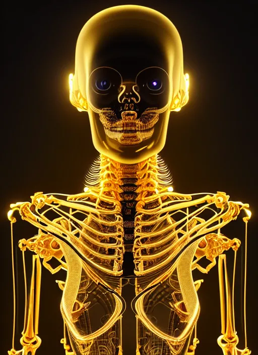 Prompt: full body rendering of a futuristic female golden mechanical skeleton with human face, wires, glowing internal light, hyperdetailed illustration by irakli nadar and alexandre ferra, intricate linework, faberge, intricate gold linework, dark atmosphere, unreal engine 5 highly rendered, global illumination, radiant light, detailed and intricate environment