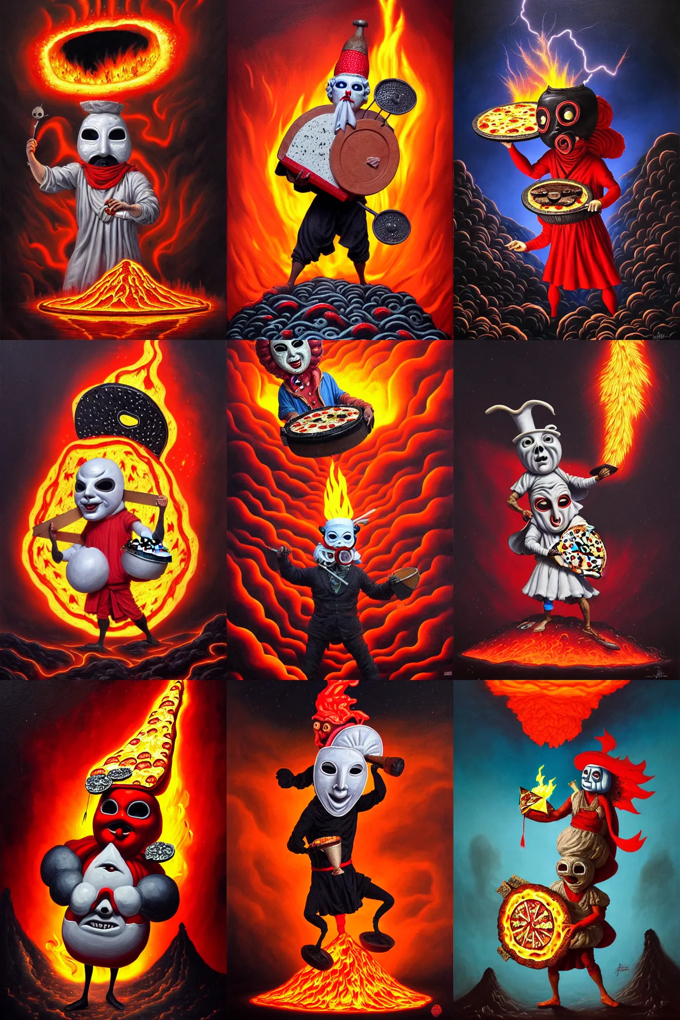 Image similar to an extremely detailed pulcinella like character wearing a mask holding a large pizza in front of a volcano spewing lava and black smoke, from below, streams of glowing hot lava, flashes of lightning in the distance, wide shot, long shot, an ultrafine detailed painting by joe fenton, deviantart, pop surrealism, whimsical