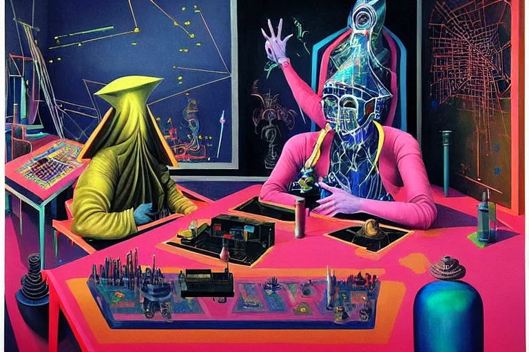 Prompt: a highly detailed beautiful masterpiece painting of a technomancer wizard in dazzle camouflage robes with pointed hood discussing sentience with his synthesized AI djinn hologram in his laboratory near a computer by Remedios Varo and Anato Finnstark and Greg Rutkowski and Andy Warhol and Francis Picabia and Artgerm, dayglo pink, dayglo blue, prismatic, pearlescent white, raven black, glowing, hyperrealism, 8k, trending on ArtStation, maximalist, rendered in Octane, rendered in Unreal engine, award winning, volumetric lighting