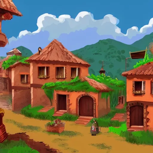 Prompt: A Spanish village. 2D Game Background, Side Scrolling, Seamless, Parallax.